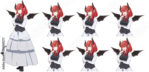 悪魔の翼と尻尾と角を持った女の子表情セット
