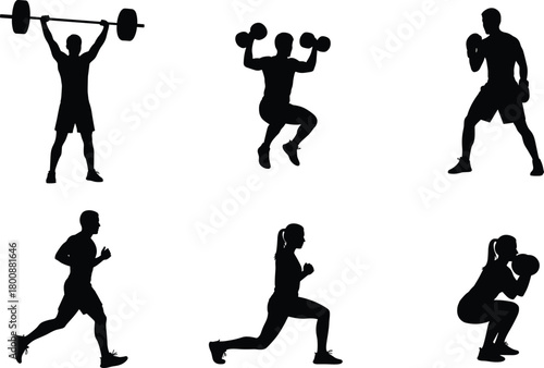 Fitness exercise silhouette set with barbell, dumbbell, boxing, running, lunges, and squat poses for workout and training design
