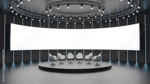 Modern stage with blank screen and chairs perfect for presentations or panel discussions in a contemporary design