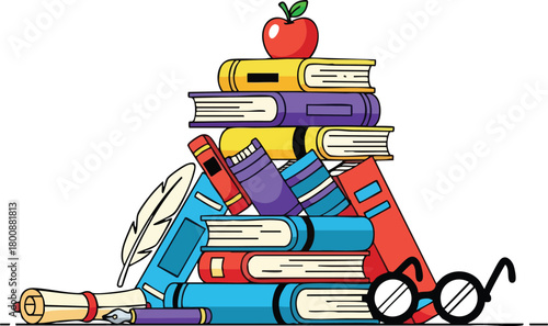 Stack Of Colorful Books With An Apple And Quill Pen Rolled Parchment And Glasses On White Background