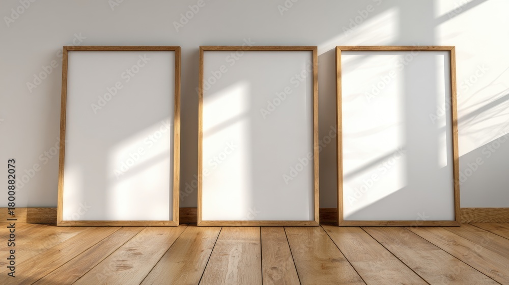 Fototapeta premium Blank Canvas Trio: An inviting composition showcases three blank picture frames, propped against a neutral wall, standing on a wood floor, inviting creative expression and visual storytelling.