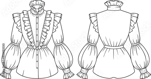 Elegant women’s ruffle blouse fashion flat sketch, vintage puff sleeve shirt design, stylish high neck garment vector illustration for designers