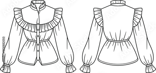 Elegant women’s ruffled blouse fashion flat sketch, front and back technical drawing, long sleeve top design template with button front and frill collar