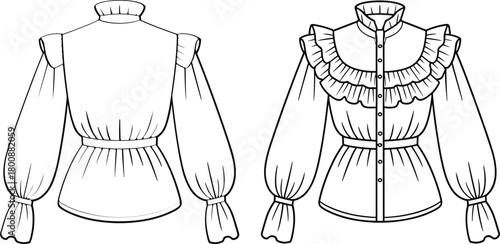 Elegant women’s ruffled blouse fashion flat sketch, front and back technical drawing, long sleeve shirt design template with frill collar and button front