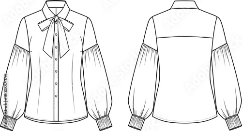 Elegant women's bow tie blouse technical fashion sketch with puff sleeves, front button design, detailed garment illustration for apparel designers