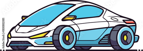 Futuristic White And Blue Sports Car With Yellow Accents On A White Background