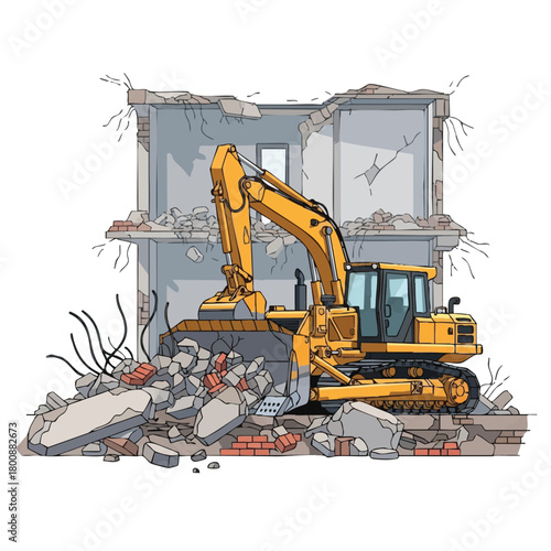 A yellow excavator tears down a building, creating a pile of rubble and debris, illustrating construction and demolition processes.