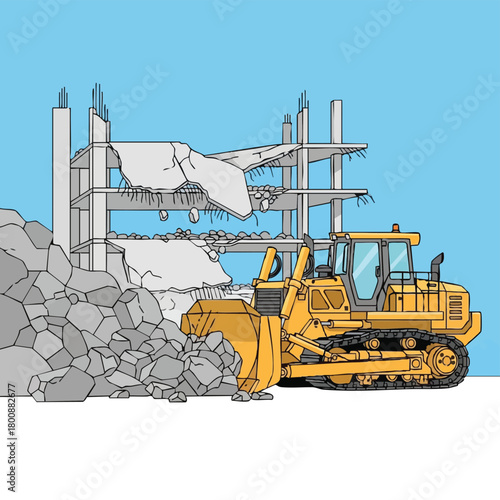 A bulldozer demolishes a building, creating a pile of rubble against a clear blue sky, illustrating construction and destruction.