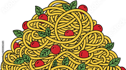 A Tall Pile Of Spaghetti With Tomato Sauce And Basil Leaves On A White Background