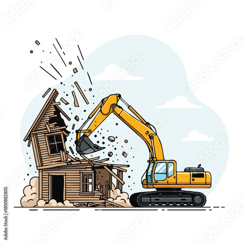 An excavator demolishes a wooden house, illustrating construction, destruction, and renovation with a vector illustration against a blue sky.