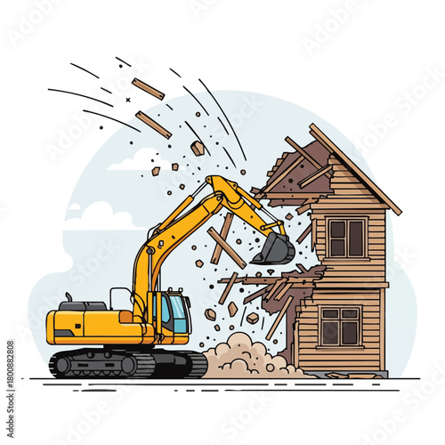 A yellow excavator demolishes a wooden house, showcasing construction, destruction, and the process of building removal in a graphic illustration.