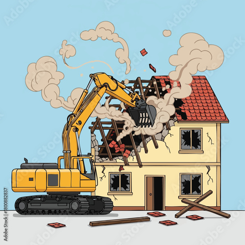 A yellow excavator demolishes a residential house, creating dust and debris during the construction process, illustrating urban development.