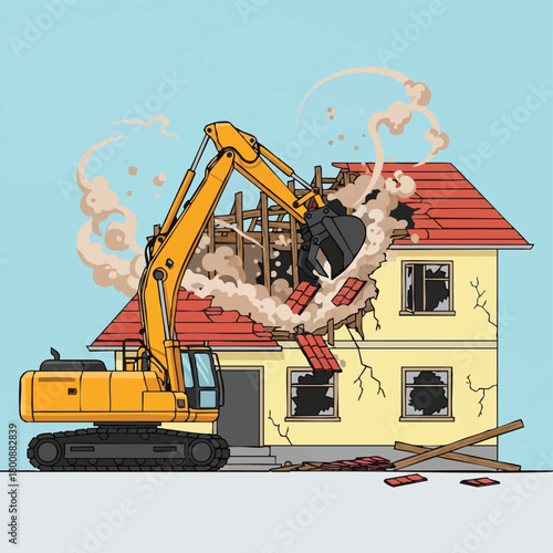 An excavator demolishes a house, illustrating construction, destruction, and urban development against a clear blue sky, showcasing demolition work.