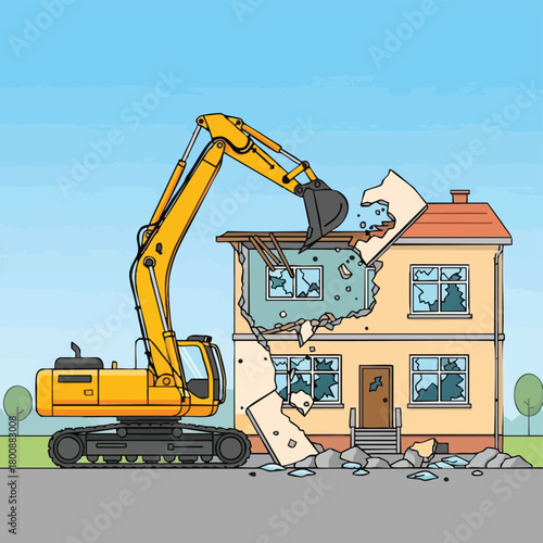 An excavator tears down a residential house, symbolizing demolition, construction, and urban development against a clear blue sky background.