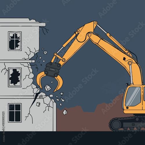 A powerful excavator demolishes a building, symbolizing urban renewal, construction, and destruction against a dark backdrop.