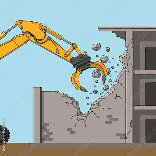 An illustration depicts a mechanical excavator demolishing a building, with debris falling against a clear blue sky, demonstrating construction.