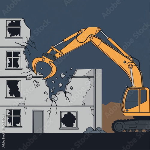 An excavator demolishes a building, depicted in a graphic illustration, showcasing destruction and construction in an urban environment at night.