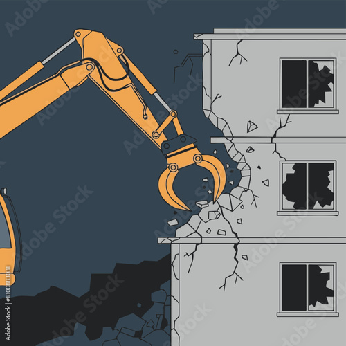 An illustration depicts an excavator demolishing a building, symbolizing urban renewal and construction with a dark night backdrop.
