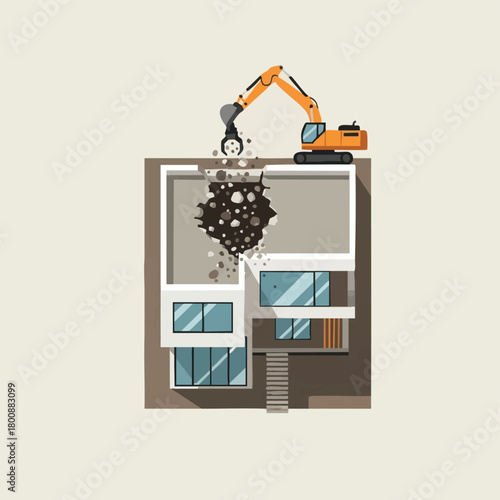An illustration depicts an excavator demolishing a modern house, symbolizing construction, destruction, and urban development in a flat design.