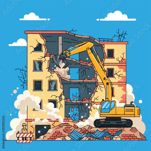 An excavator tears down a building, illustrating demolition and construction processes with a worker overseeing the task on a blue backdrop.