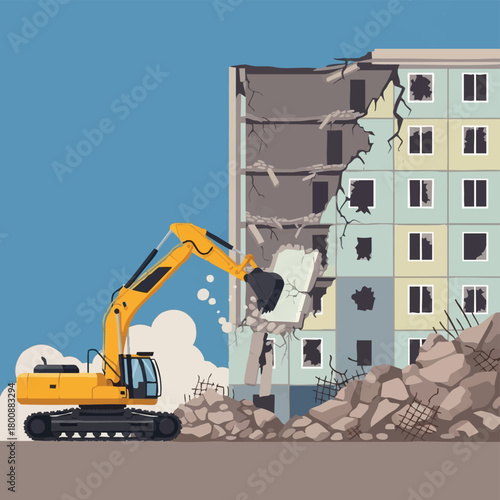A powerful excavator demolishes a building, showcasing construction destruction, and urban renewal against a clear blue sky, illustrating change.