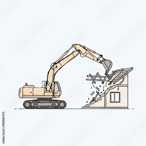 An excavator demolishes a house, illustrating construction, destruction, and urban development in a clean, minimalist style against a white background.