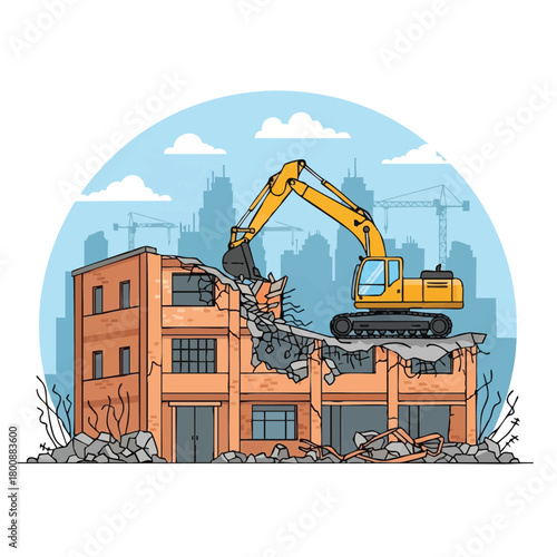 An excavator demolishes a building, with debris and a city skyline in the background, illustrating construction and urban development.