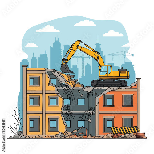 An excavator demolishes a building, with a cityscape in the background, illustrating construction and urban development.