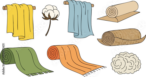 Collection of Rolled Fabrics and Cotton Boll in Assorted Colors and Textures