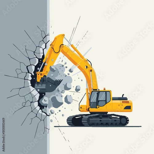A vibrant illustration captures an excavator powerfully breaking through a wall, symbolizing construction and progress with impact.