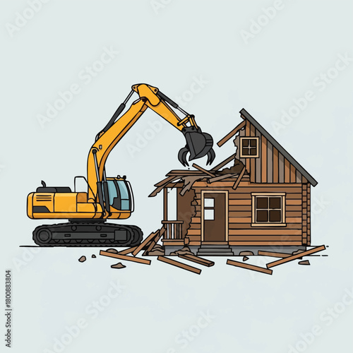 An excavator demolishes a wooden house, showcasing construction, destruction, and the forceful removal of a building's structure in an illustrated style.