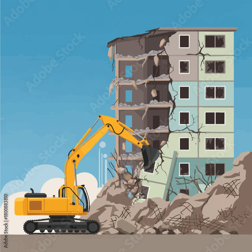 A vibrant illustration captures an excavator demolishing a building, symbolizing urban renewal and construction against a bright blue sky.