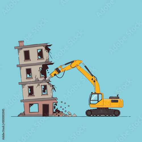 A cartoon excavator tears down a building, symbolizing construction, destruction, and urban development against a blue backdrop with simple lines.