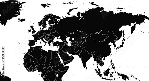 Detailed black and white political map highlighting countries across Europe, Asia, and Africa, with landmasses in black and oceans in white.