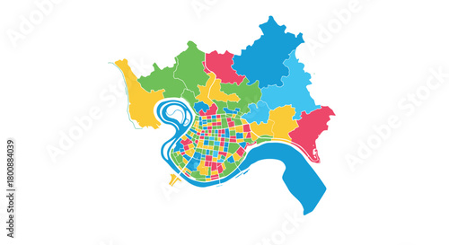 Modern colorful vector map of Shanghai city showing administrative districts and neighborhoods, with the Huangpu River flowing through it.