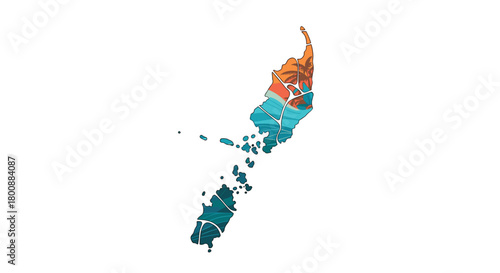 Stylized map of Palau showcasing its tropical beauty with fragmented sections depicting palm trees, ocean waves, and marine environments.
