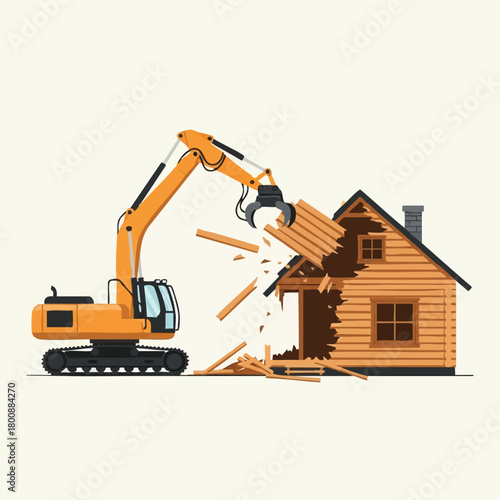 An excavator demolishes a wooden house, illustrating construction, destruction, and renovation concepts against a neutral background, vector illustration.