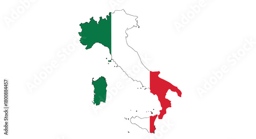 Geographical map of Italy, including Sardinia and Sicily, illustrated with the national tricolor flag of green, white, and red, representing its identity.