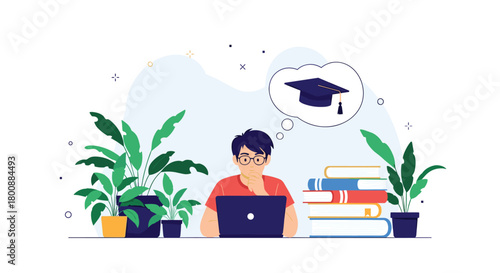 A focused student studies diligently with a laptop and books, contemplating their future academic achievements and graduation.