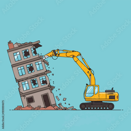 This vibrant illustration captures a heavy-duty yellow excavator actively demolishing a decaying multi-story building against a clear blue background, symbolizing urban transformation.