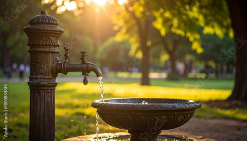 Fototapeta Naklejka Na Ścianę i Meble -  A classical water fountain, crafted from dark metal, dispenses a refreshing stream under the golden glow of the sun. The background is a vibrant green park