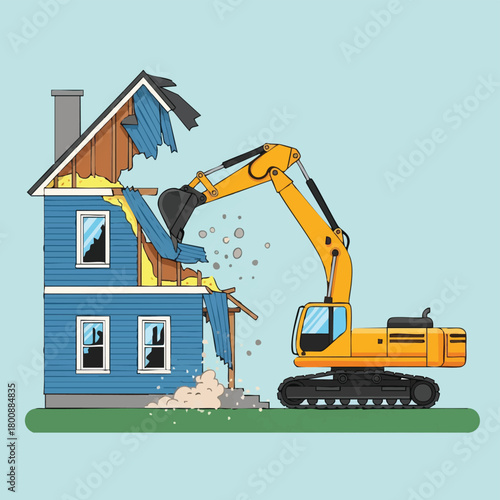 An illustrative scene depicting a powerful yellow excavator actively demolishing a dilapidated two-story blue house, symbolizing urban renewal and property development.