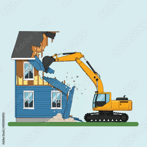 A powerful yellow excavator is actively demolishing an old residential house, creating a scene of urban destruction and property redevelopment.