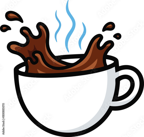 White Coffee Cup Overflowing with Steaming Chocolate Beverage Splashing Upwards on a White Background