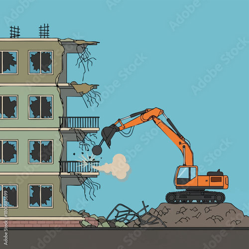 An orange excavator with a wrecking ball attachment actively demolishes a dilapidated multi-story building, creating dust and debris during the urban renewal process.