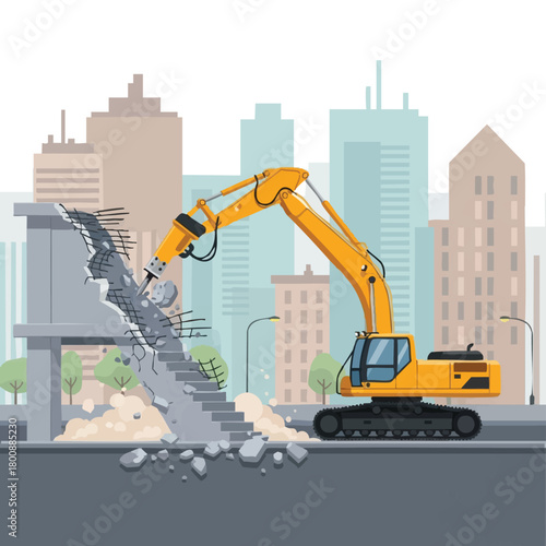A powerful yellow excavator, with a hydraulic breaker, systematically demolishes a concrete bridge, generating debris in a modern urban city setting.