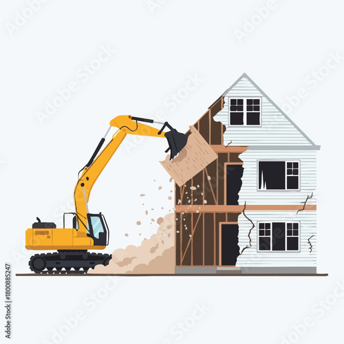 A large yellow excavator is actively demolishing an old residential house, creating dust and debris, symbolizing urban renewal and property transformation.