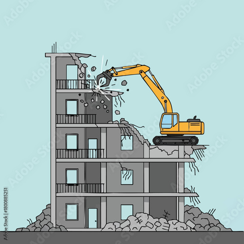 A detailed illustration depicts a yellow excavator with a hydraulic breaker actively demolishing the upper levels of a multi-story building, creating a pile of rubble.