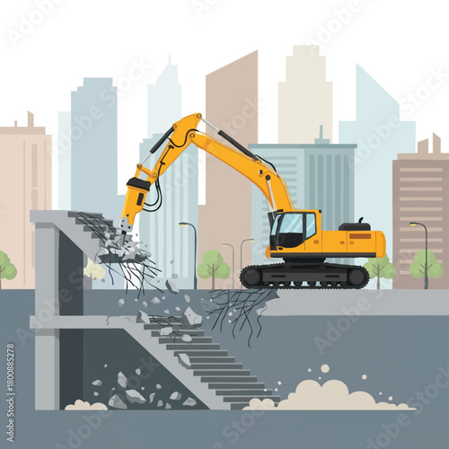 A heavy-duty yellow excavator with a hydraulic hammer actively demolishes a concrete staircase, creating debris against a modern city skyline, illustrating urban development.