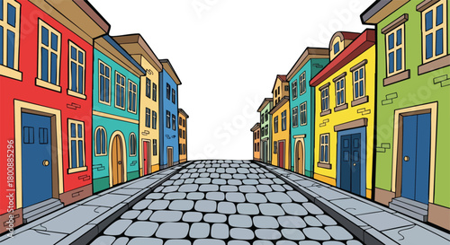 Colorful Row Houses With Cobblestone Street And Blue Doors Perspective View